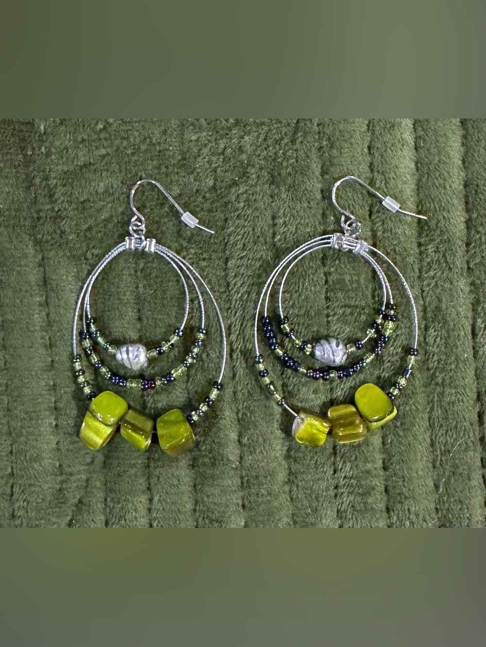 Vintage Handcrafted Green & Blue Glass Beaded Hoop Earrings w/ Stone Accents